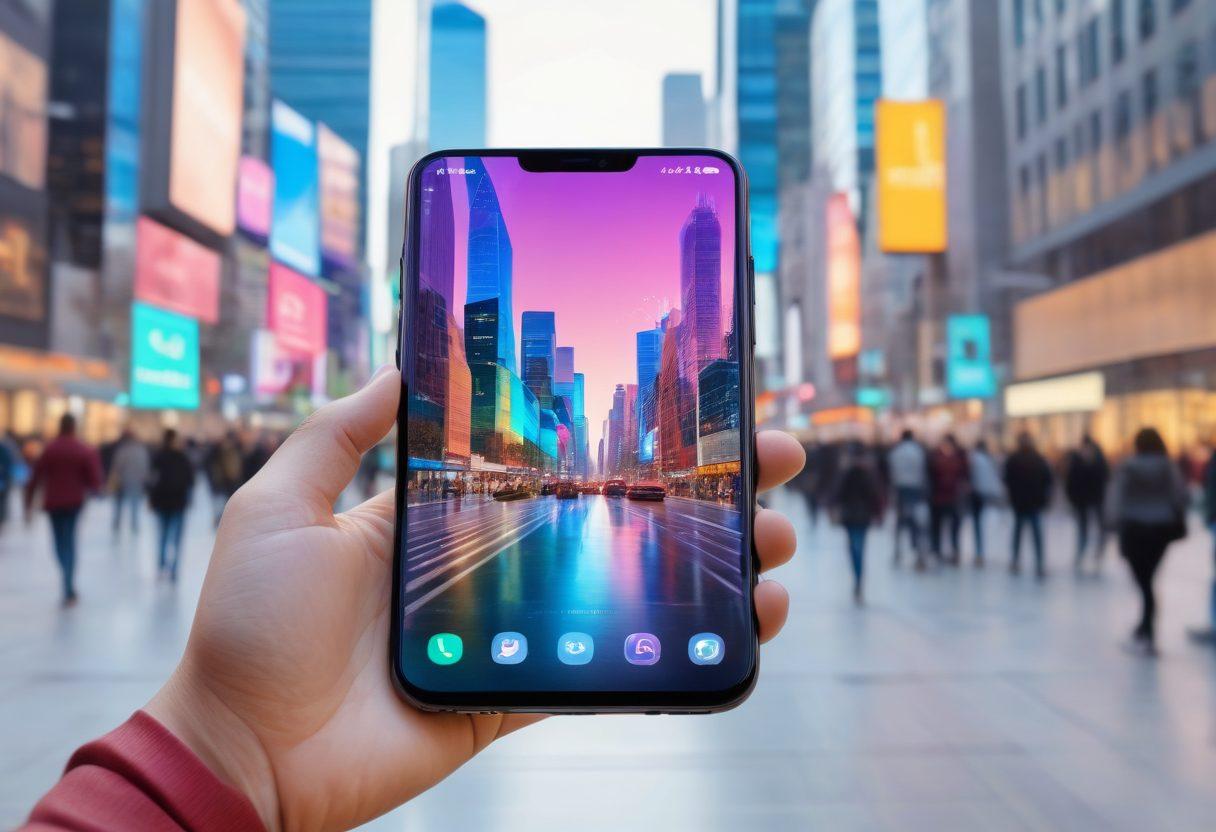 A futuristic smartphone with holographic interfaces displaying various mobile trends for 2023, like augmented reality, AI integration, and sustainability features, surrounded by vibrant cityscapes and diverse people using advanced mobile technology. The scene should be dynamic and tech-centric. super-realistic. vibrant colors. white background.