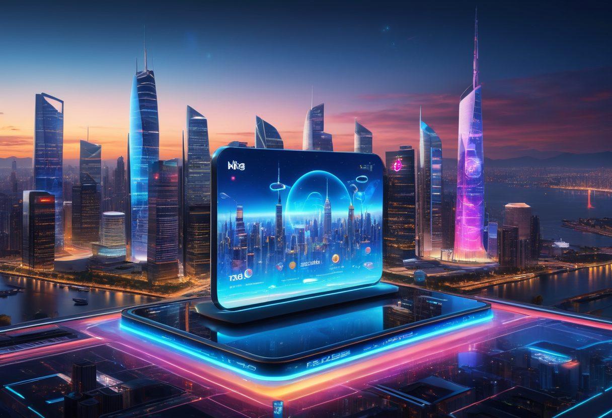 A futuristic mobile device glowing with advanced features, surrounded by holographic icons representing innovative trends like AI, 5G, and augmented reality. The background shows a sleek city skyline with digital billboards showcasing 2023 trends. Bright and vivid colors to convey excitement about the future. super-realistic. vibrant colors. cyberspace theme.