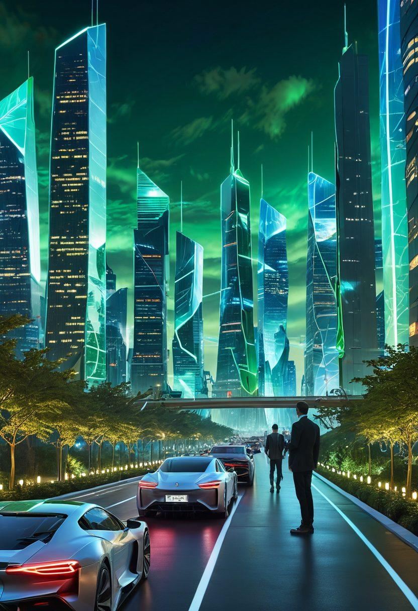 A futuristic city skyline with sleek, advanced mobile devices and holographic apps displayed prominently in the foreground. People interacting with these devices, showcasing diverse usage scenarios like navigation and communication. Soft glows emanating from screens, symbolizing connectivity and innovation. The backdrop features soaring green architecture and autonomous vehicles to emphasize sustainable mobility. vibrant colors. 3D.